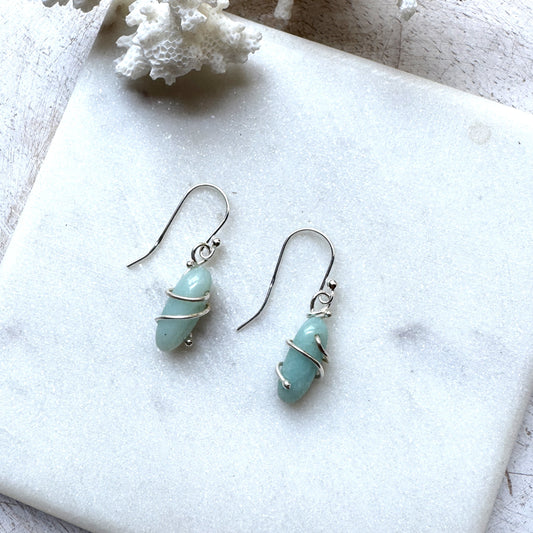Amazonite Oval Silver Wrap Earrings