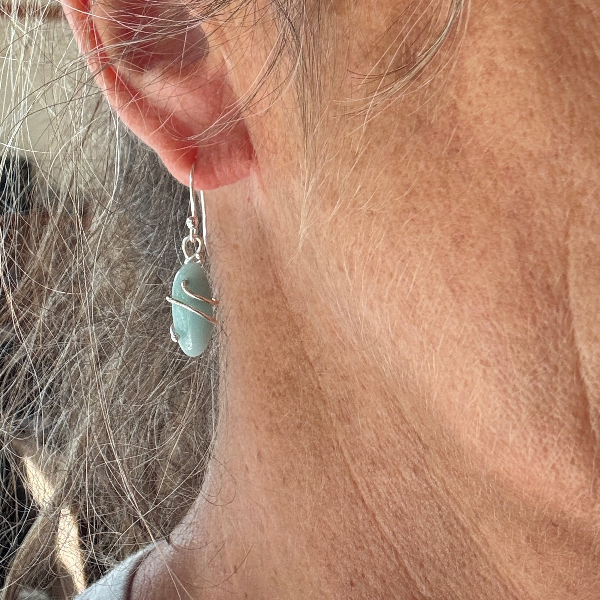 Amazonite Oval Silver Wrap Earrings