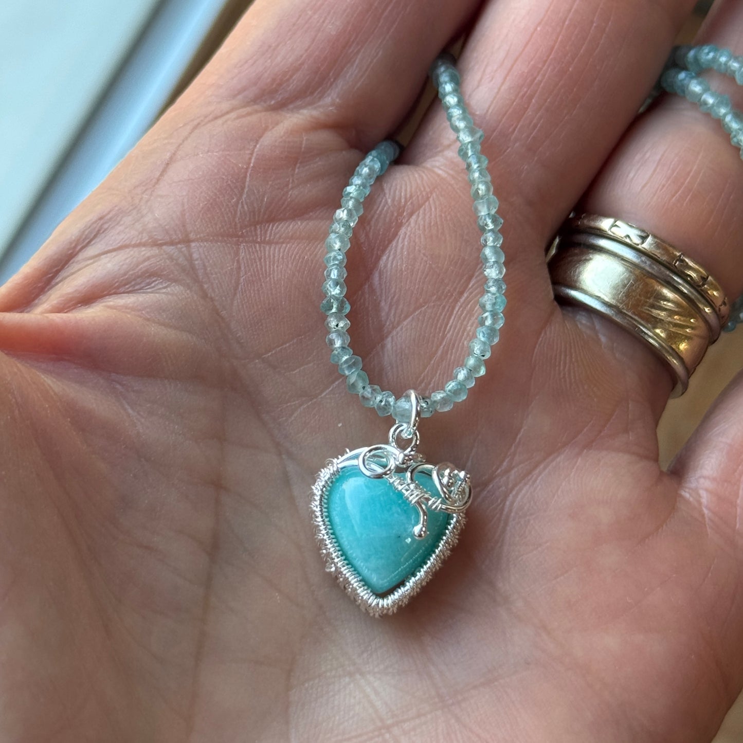 Amazonite Heart Silver Woven Necklace