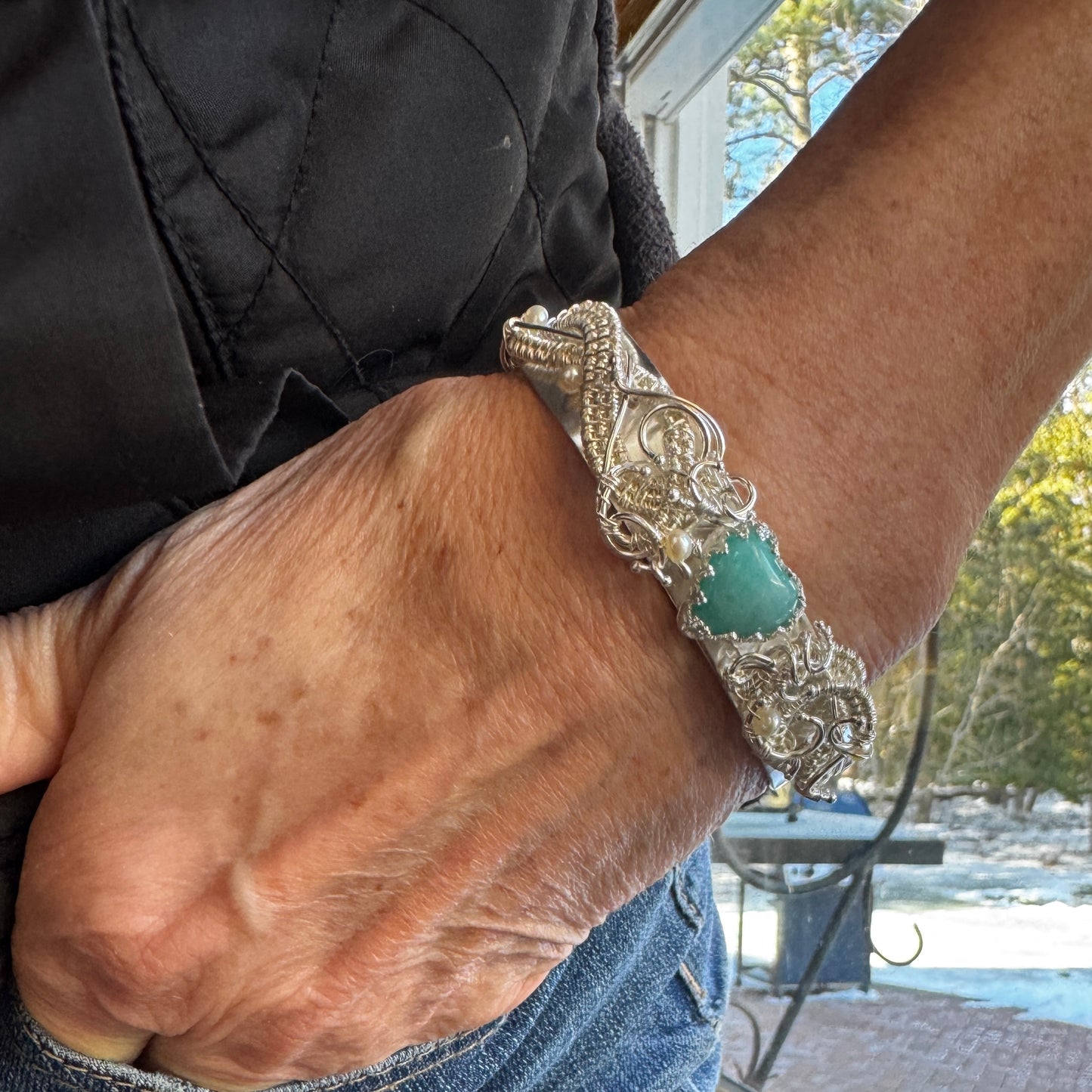 Amazonite Woven Silver Heart Overlay Cuff Bracelet