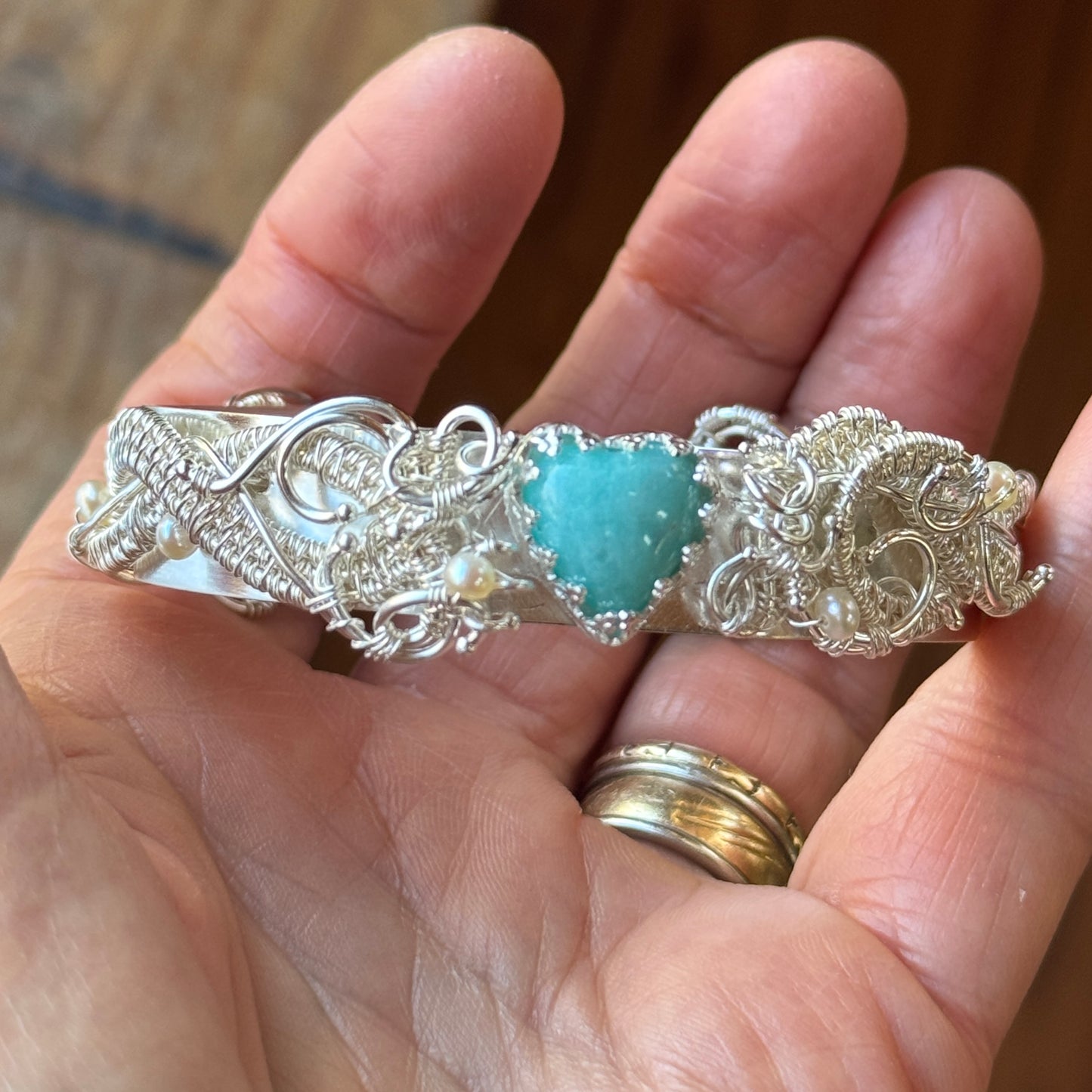 Amazonite Woven Silver Heart Overlay Cuff Bracelet