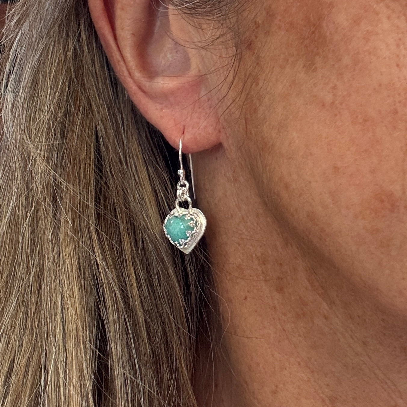 Amazonite Silver Heart Earrings