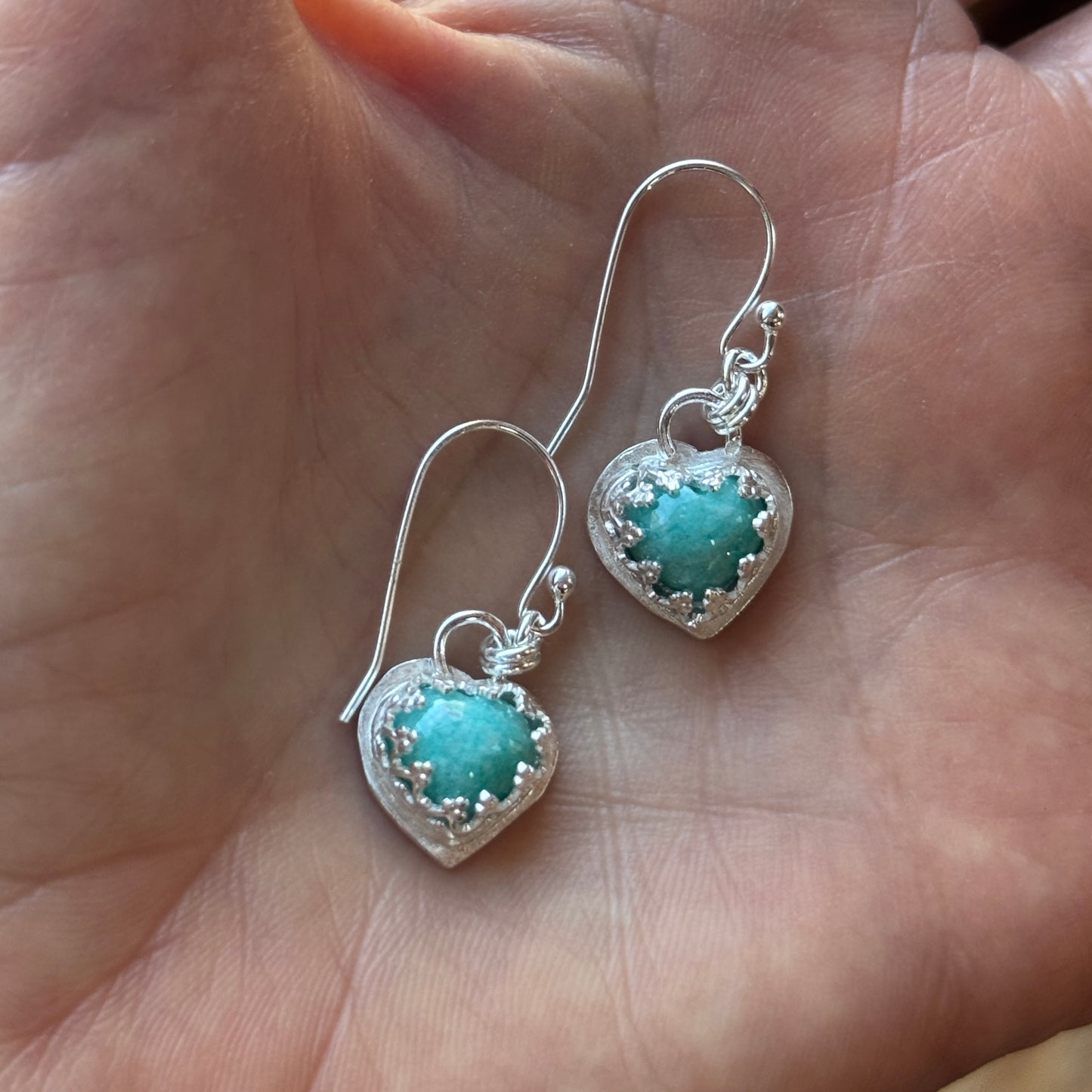 Amazonite Silver Heart Earrings