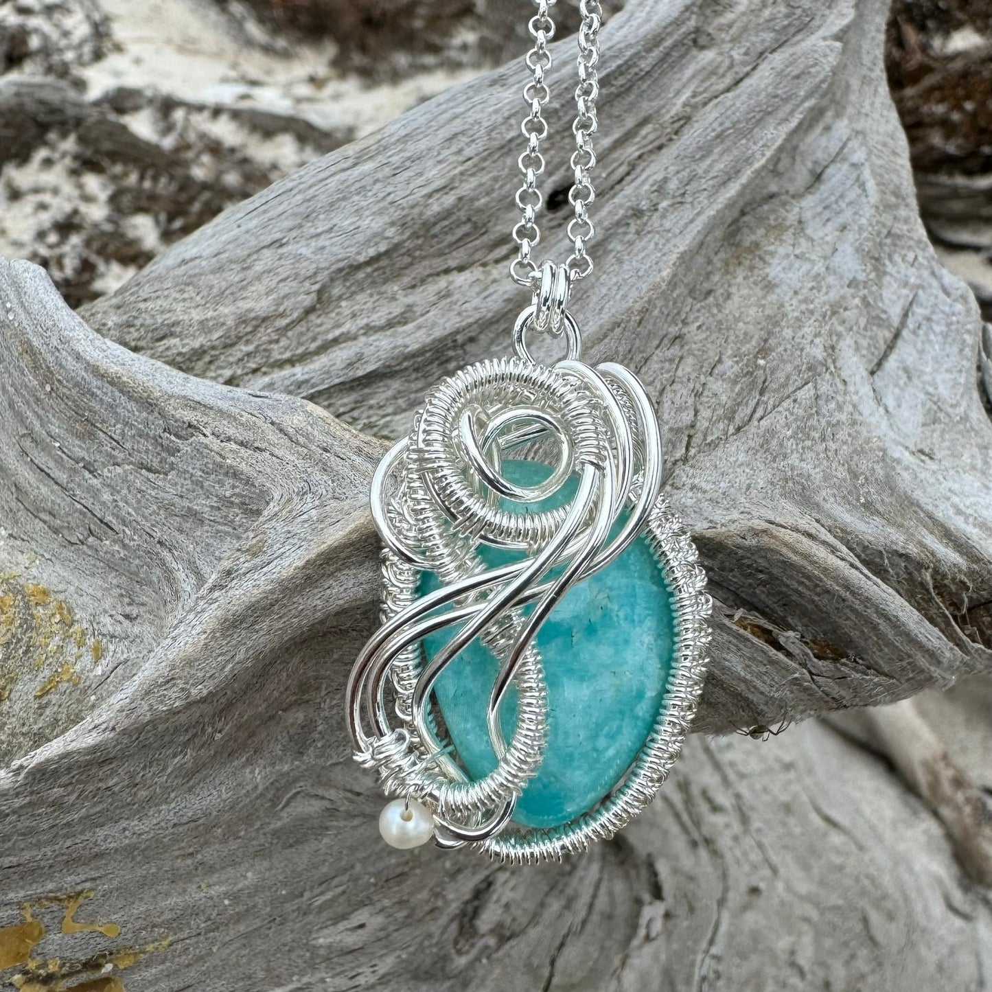 Amazonite Oval Silver Woven Necklace