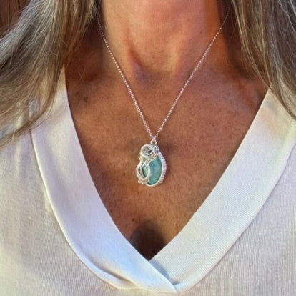 Amazonite Oval Silver Woven Necklace