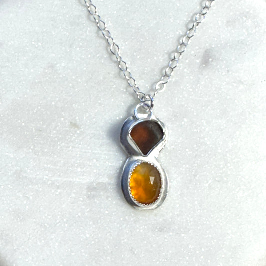 Amber Sea Glass & Hessonite  Garnet Necklace