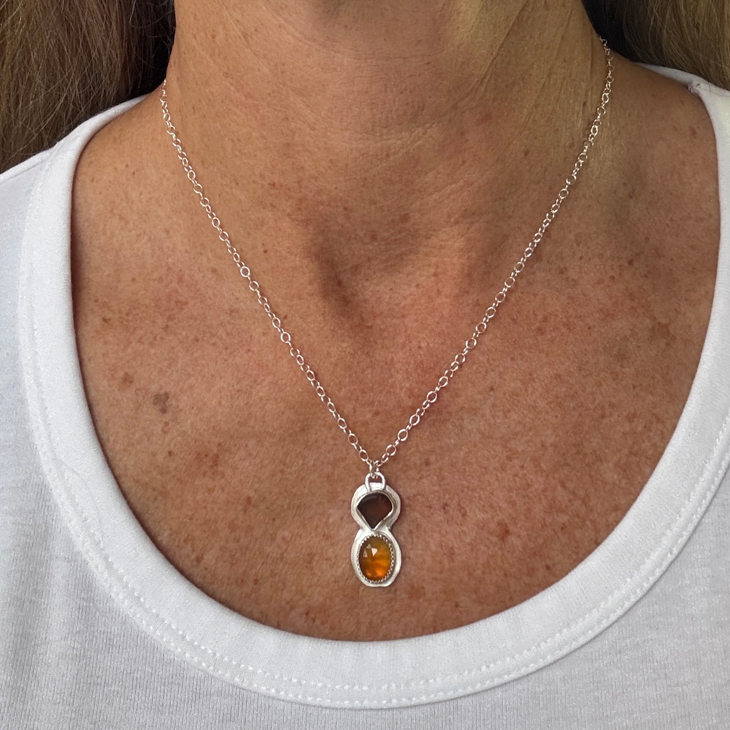 Amber Sea Glass & Hessonite  Garnet Necklace