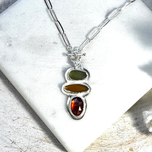 Amber and Green Sea Glass & Garnet Toggle Paperclip Necklace