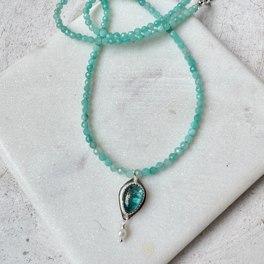 Apatite/Rutilated Quartz Dublet & Amazonite Necklace