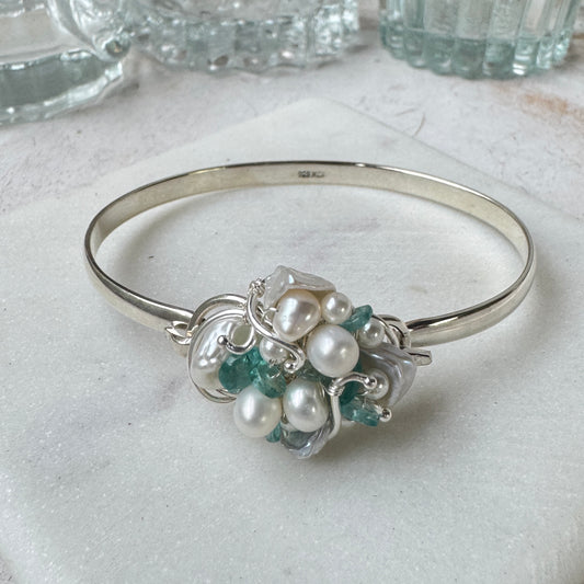 Apatite & Pearl Hinged Silver Bangle Bracelet