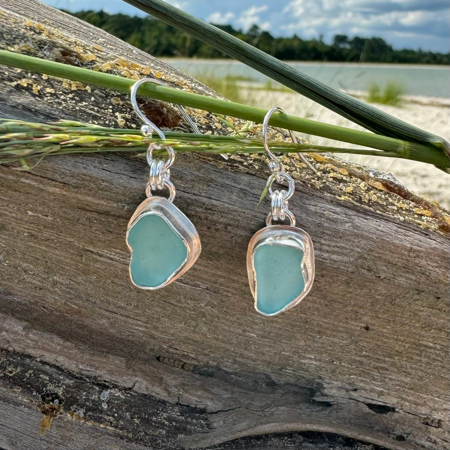 Aqua Sea Glass Bezel Set Earrings