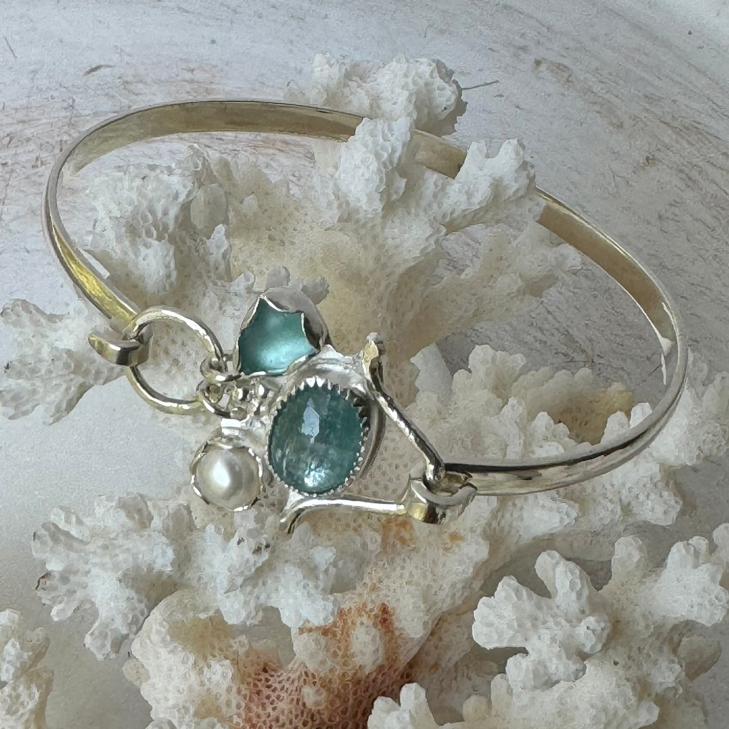 Aqua Sea Glass, Ocean Kyanite & Pearl hinged Bangle Bracelet