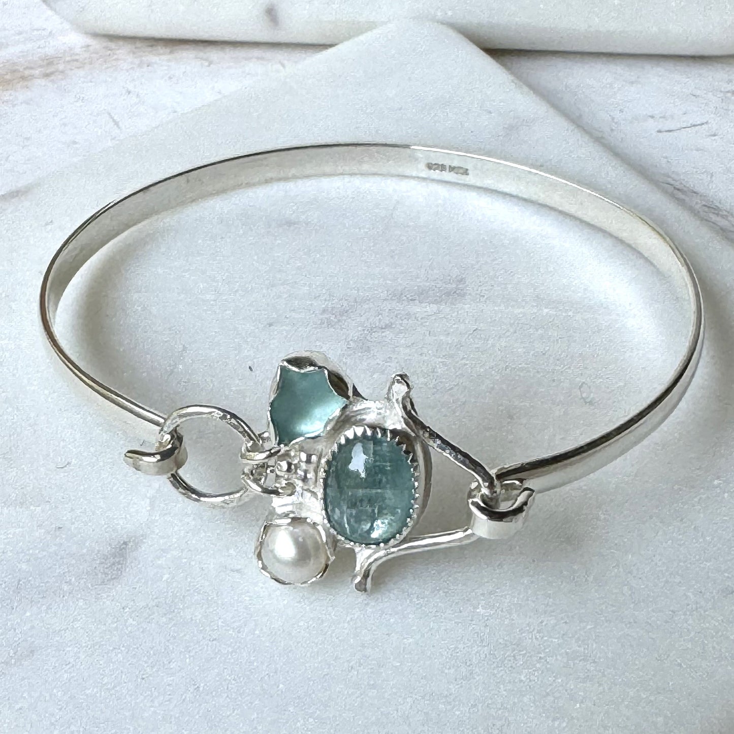 Aqua Sea Glass, Ocean Kyanite & Pearl hinged Bangle Bracelet