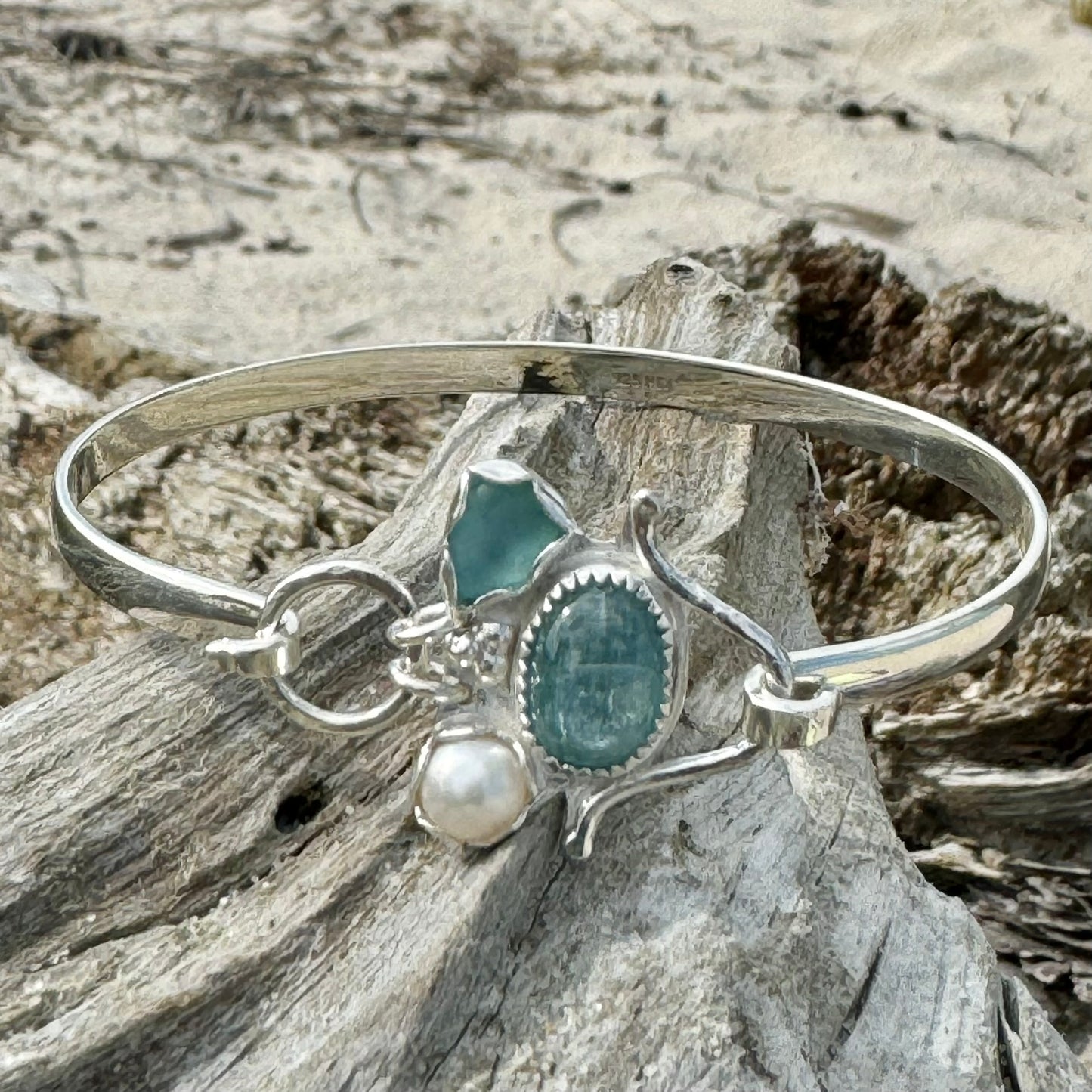 Aqua Sea Glass, Ocean Kyanite & Pearl hinged Bangle Bracelet