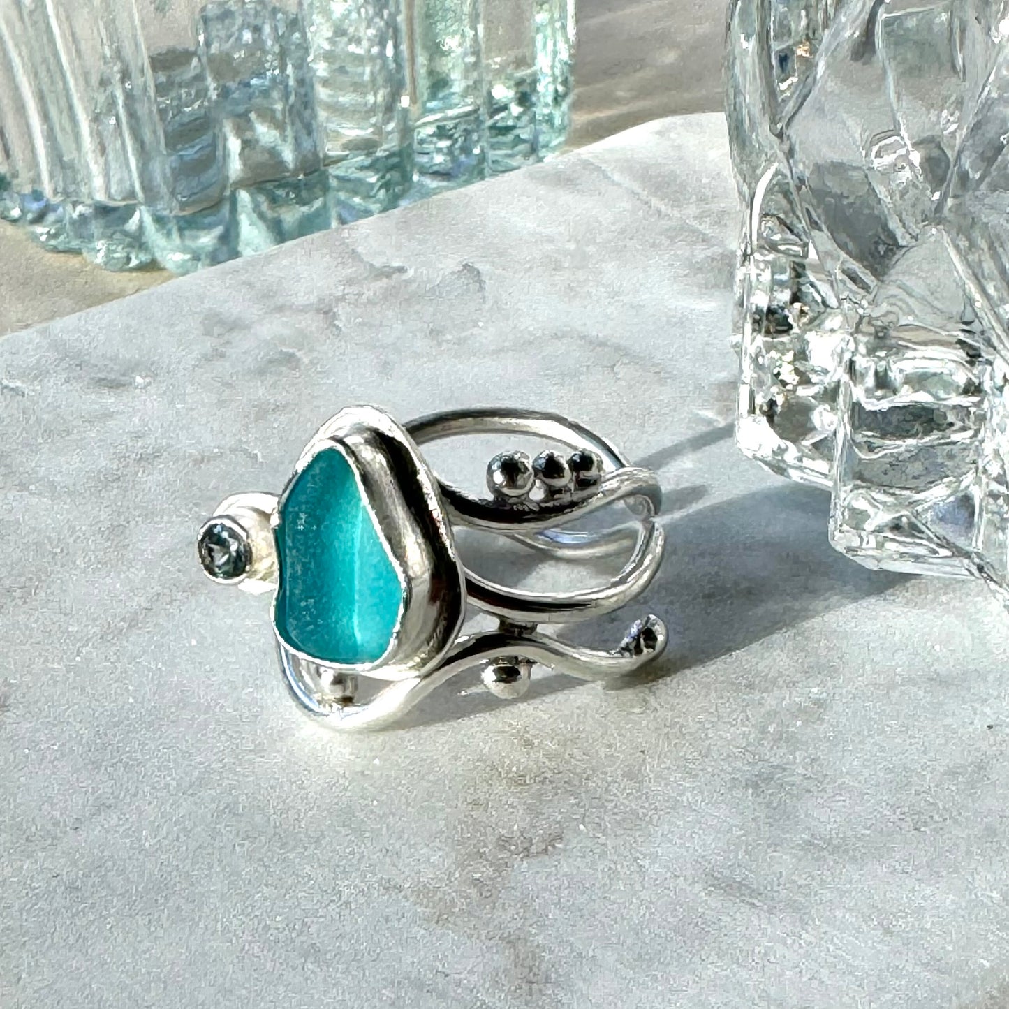 Aqua Sea Glass & Aquamarine Ring