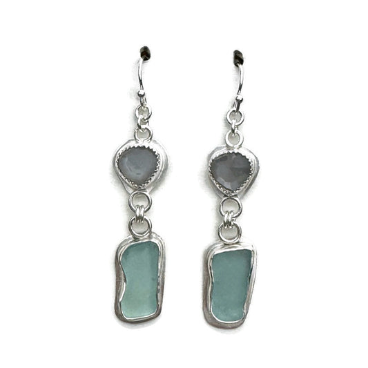 Aqua Sea Glass & Grey Moonstone Drop Earrings