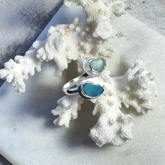 Aqua Sea Glass & Australian Opal Bypass Ring
