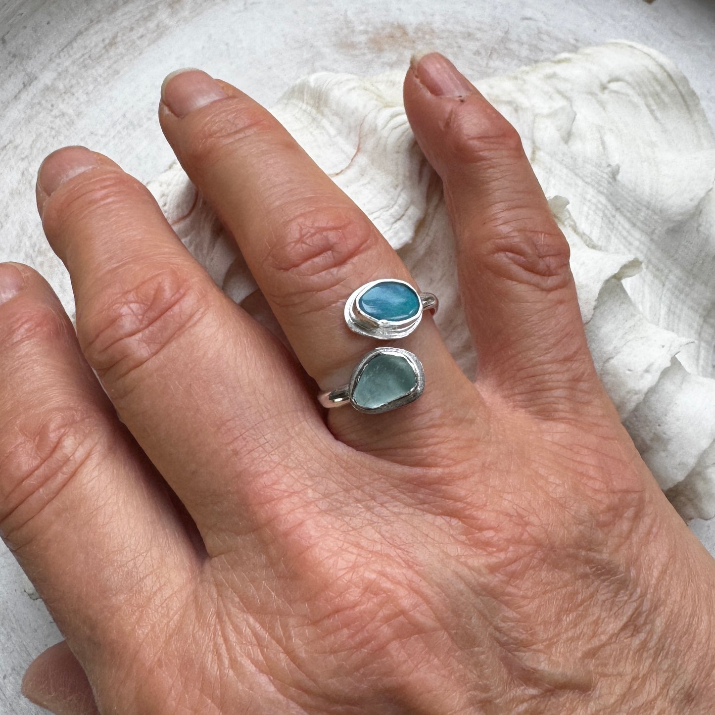 Aqua Sea Glass & Australian Opal Bypass Ring