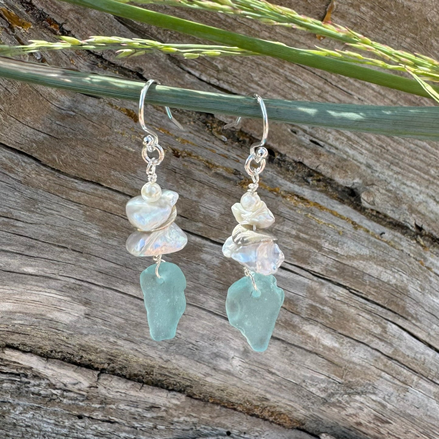 Natural Sea Glass & Pearl Earrings