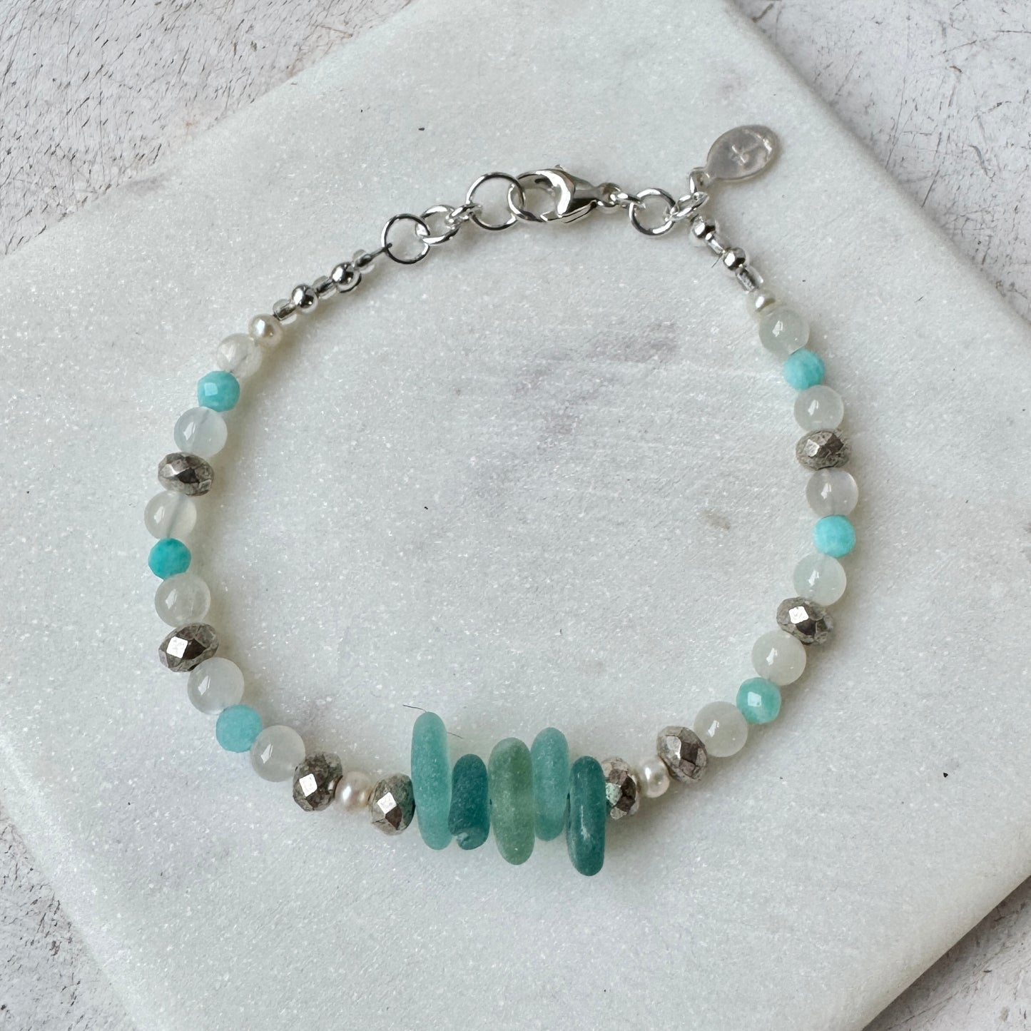 Aqua Sea Glass, Amazonite & Moonstone Bracelet