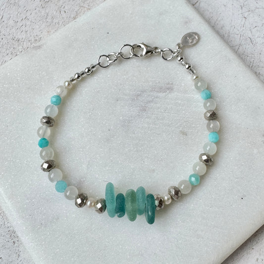 Aqua Sea Glass, Amazonite & Moonstone Bracelet