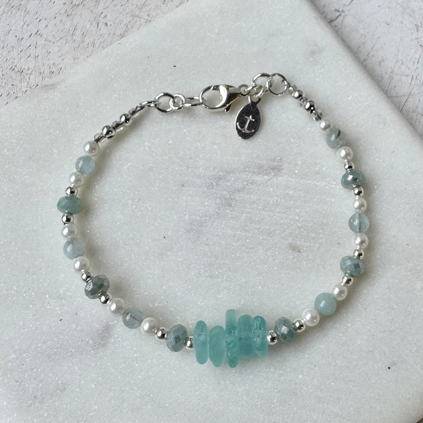 Aqua Sea Glass, Aquamarine & Freshwater Pearl Bracelet
