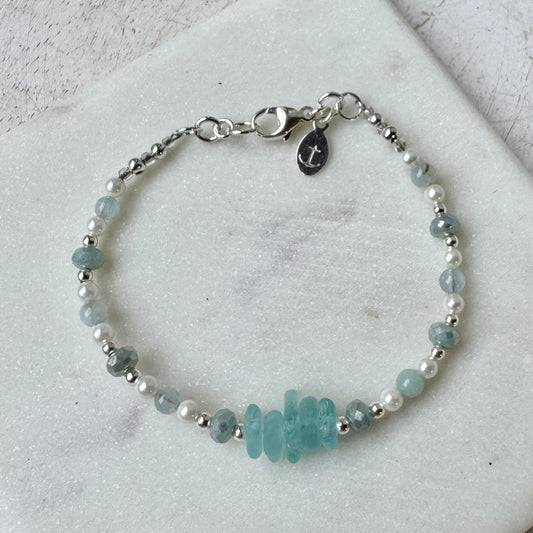 Aqua Sea Glass, Aquamarine & Freshwater Pearl Bracelet