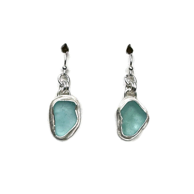 Aqua Sea Glass Bezel Set Earrings