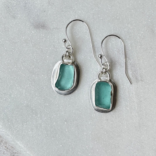 Aqua Sea Glass Bezel Set Earrings (Rectangular)