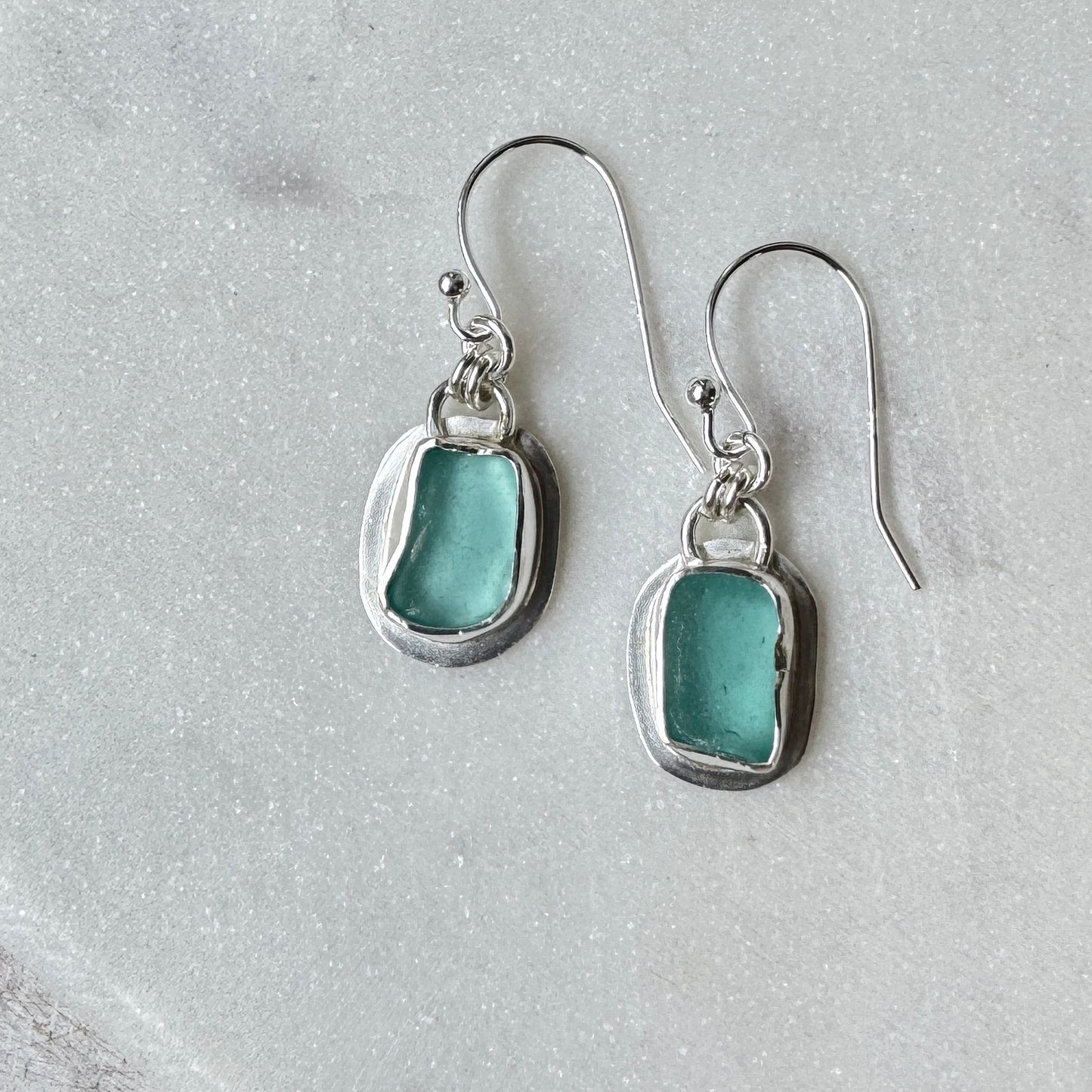 Aqua Sea Glass Bezel Set Earrings