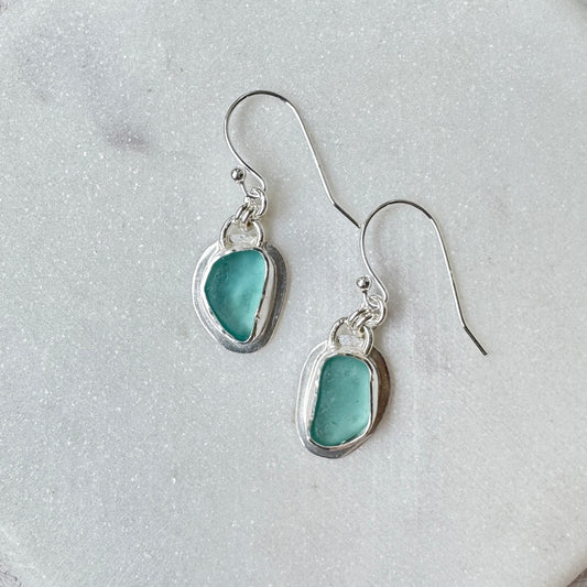 Aqua Sea Glass Bezel Set Earrings- 4 Designs