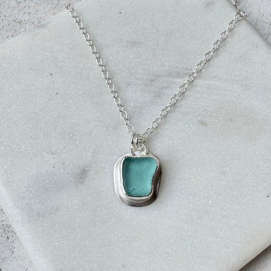 Aqua Sea Glass Bezel Set Necklace