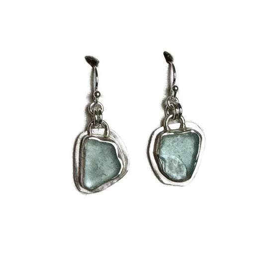 Aqua Sea Glass Bezel Set Earrings