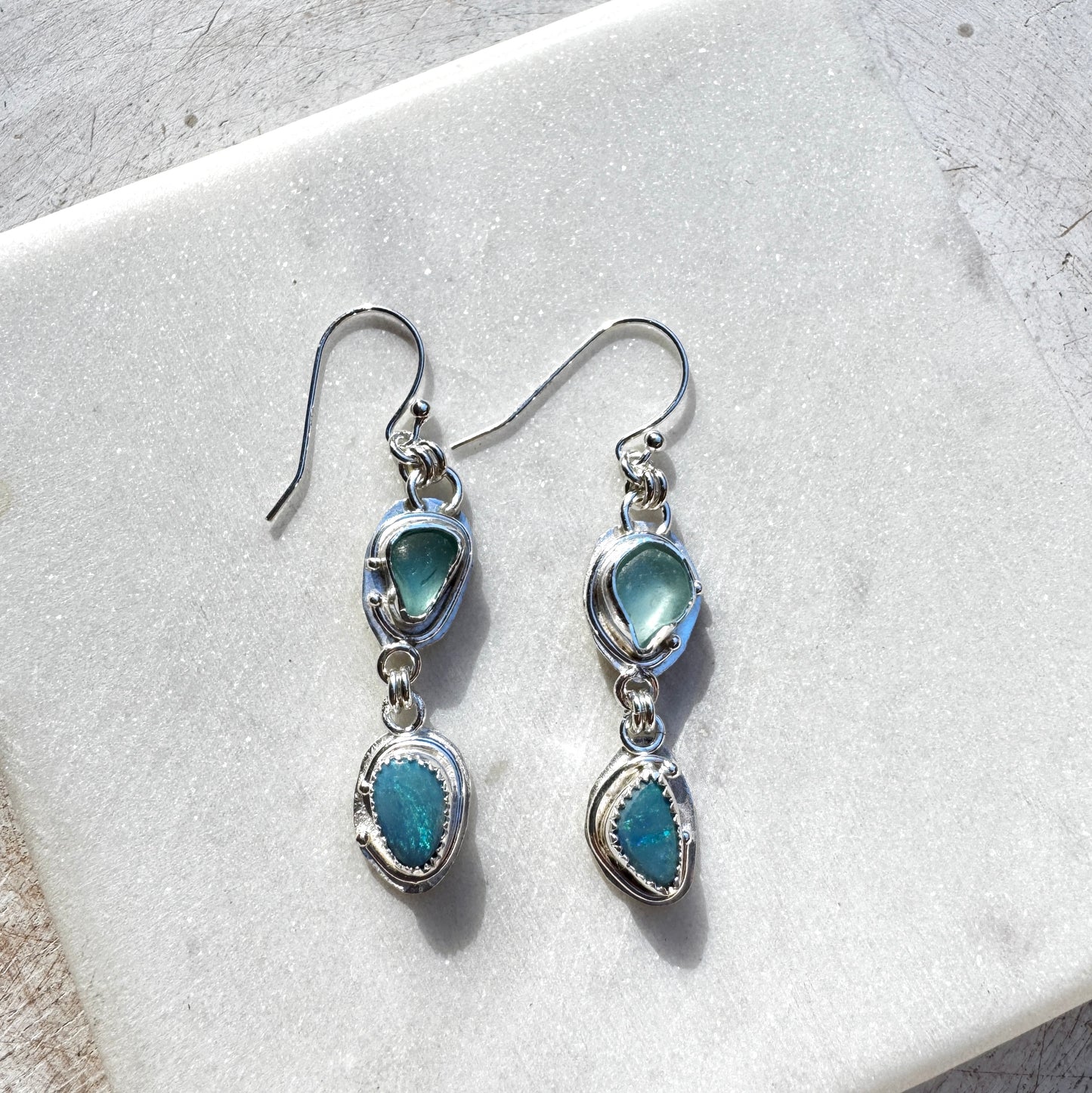 Aqua Sea Glass & Australian Opal Earrings