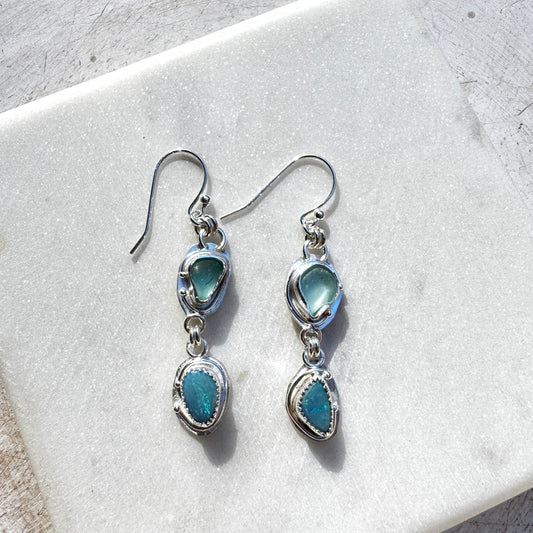 Aqua Sea Glass & Australian Opal Earrings