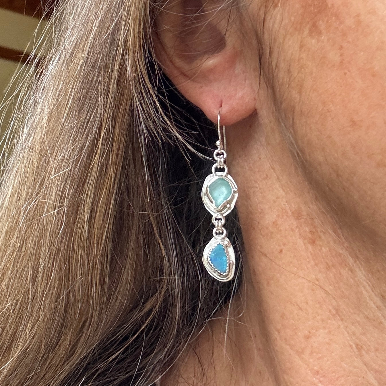 Aqua Sea Glass & Australian Opal Earrings