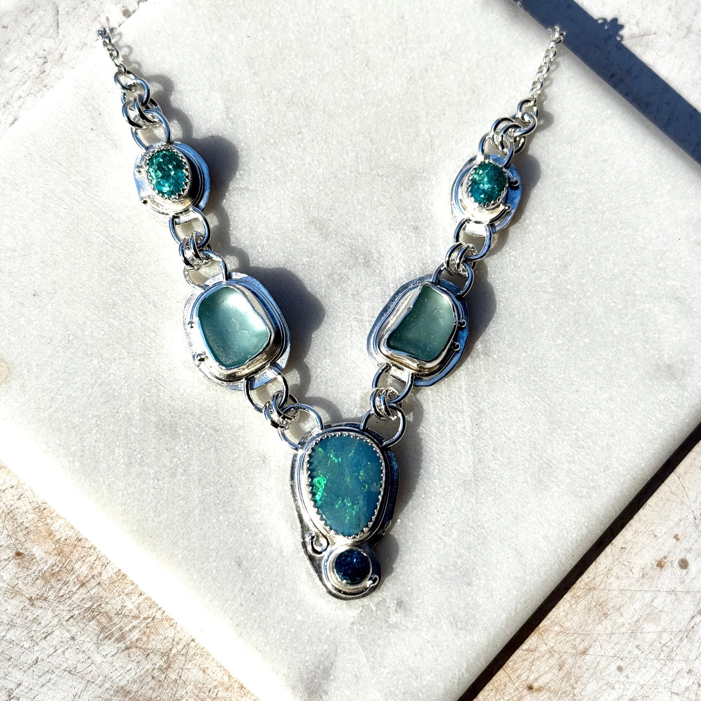 Aqua Sea Glass, Blue Australian Opal & Pariba Blue Apatite Necklace