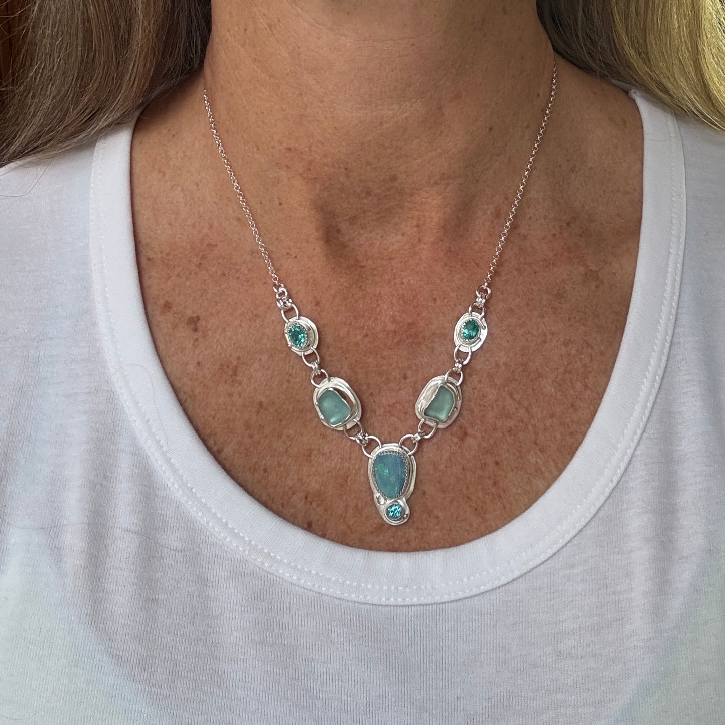 Aqua Sea Glass, Blue Australian Opal & Pariba Blue Apatite Necklace
