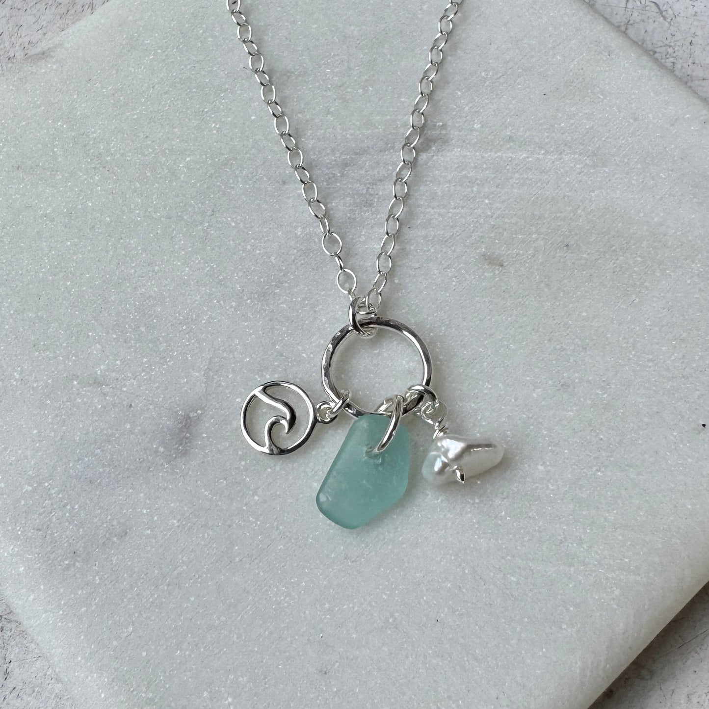 Aqua Sea Glass, Pearl & Charm Necklace