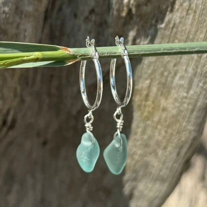 Natural Sea Glass Silver Hoop Earrings