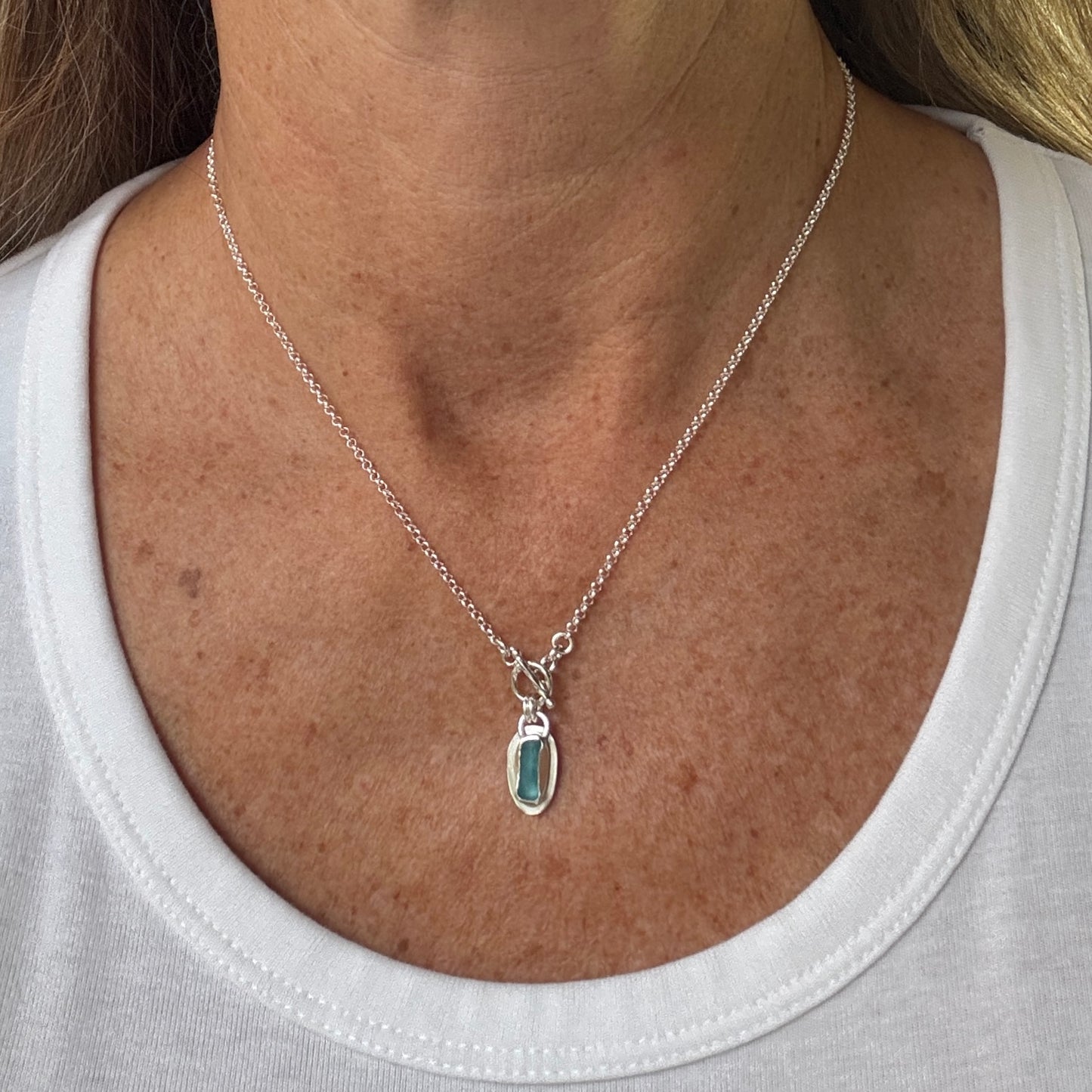Aqua Sea Glass Small Toggle Front Necklace