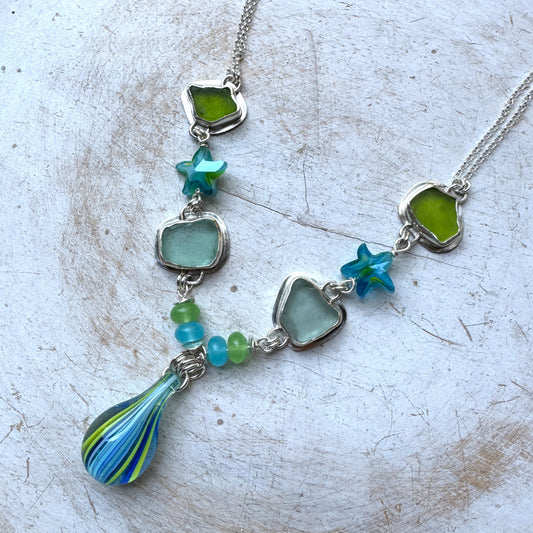 Aqua Blue & Spring Green Sea Glass with Carnival Necklace