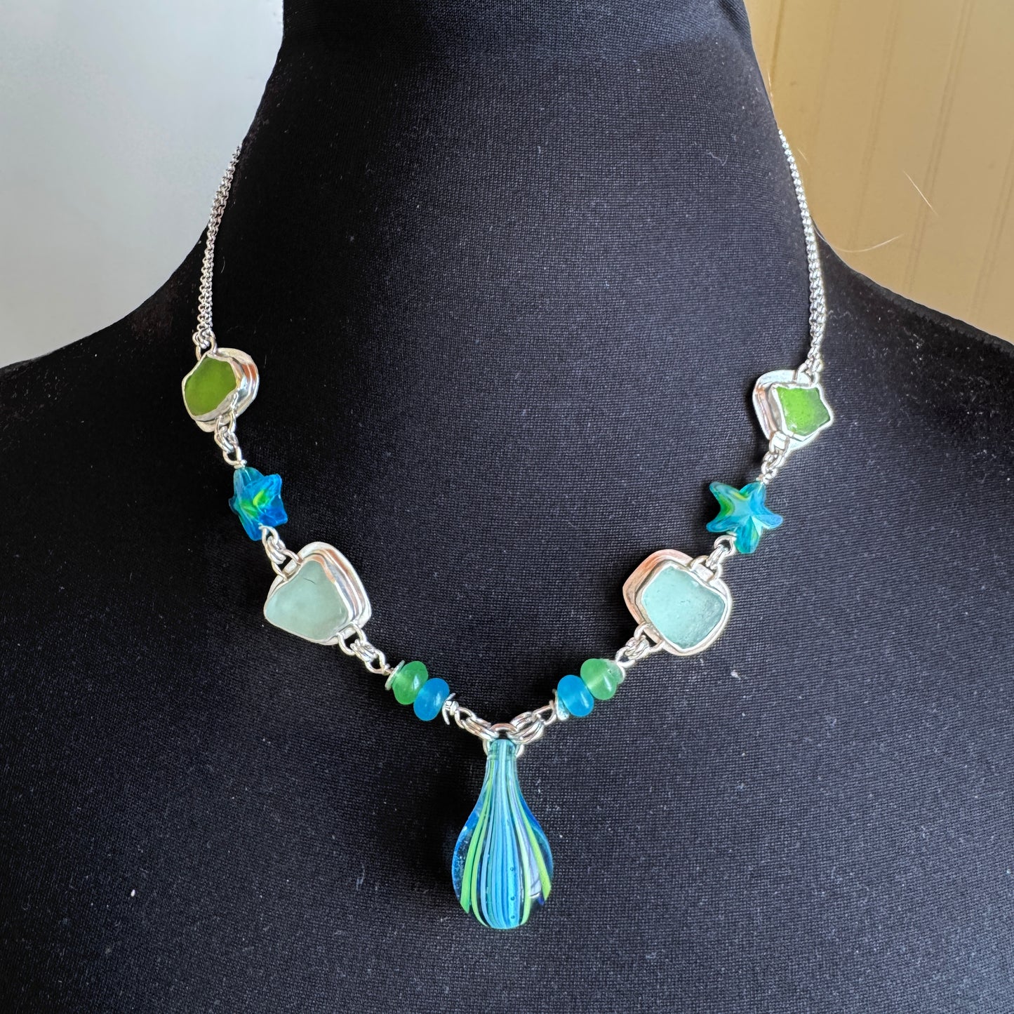 Aqua Blue & Spring Green Sea Glass with Carnival Necklace
