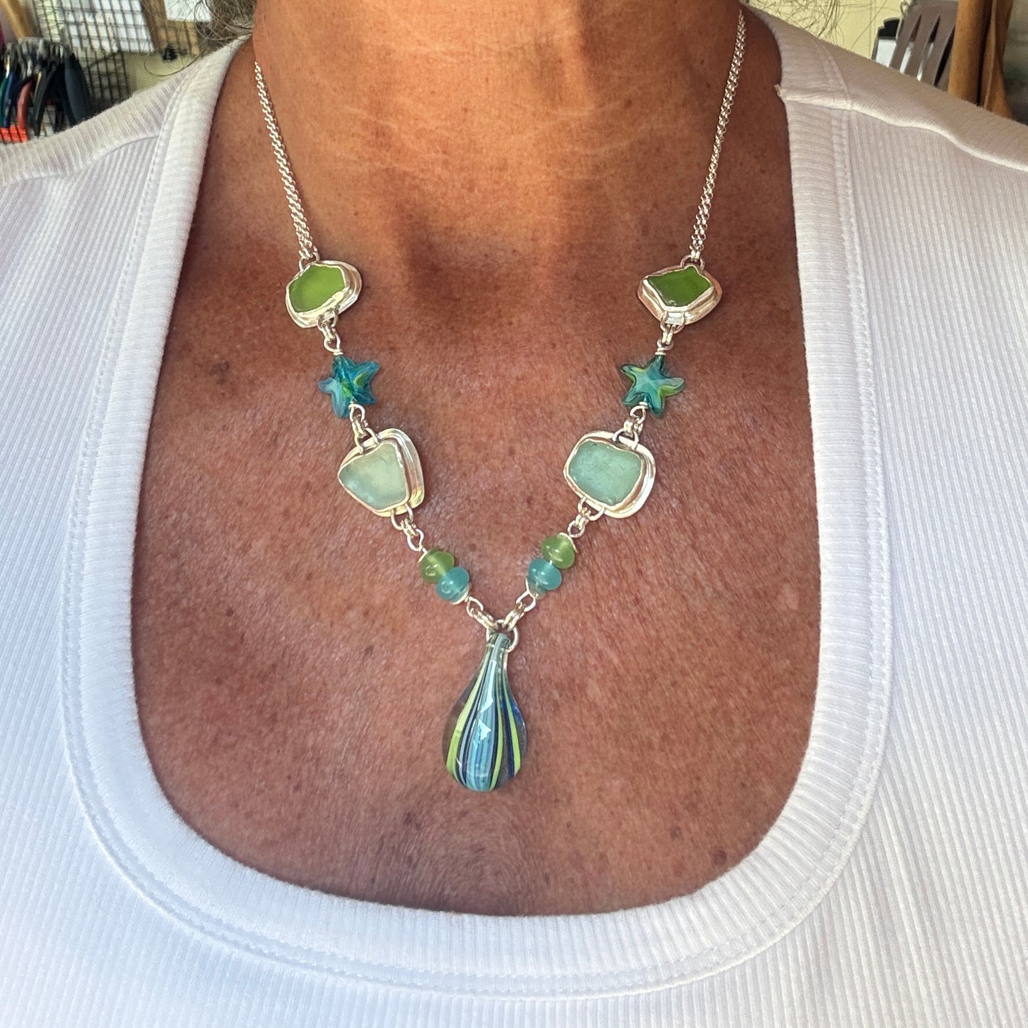 Aqua Blue & Spring Green Sea Glass with Carnival Necklace