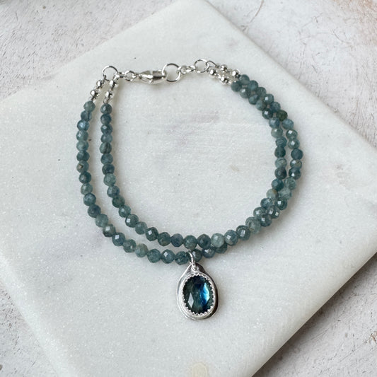 Bi-Color Kyanite Gemstone 2-Strand Bracelet with Kyanite Charm