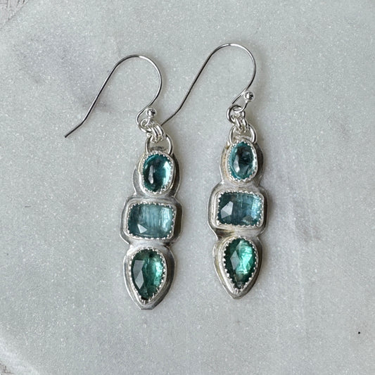 Pariba Blue Apatite, Bi-Color Kyanite & Green Kyanite 3 stone Earrings
