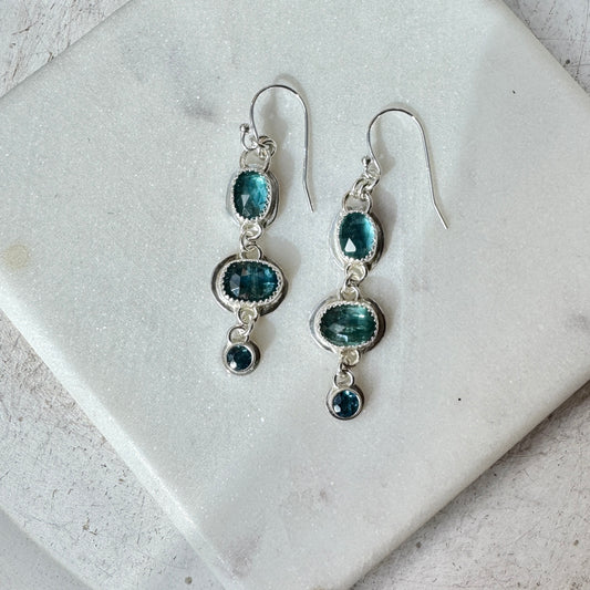 Bi-Color Kyanite, Ocean Kyanite & Topaz 3 stone Earrings