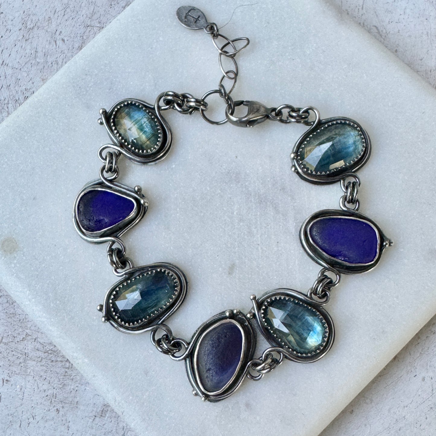 Bi-Color Kyanite & Blue Seaham Sea Glass Bezel Set Bracelet