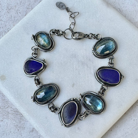 Bi-Color Kyanite & Blue Seaham Sea Glass Bezel Set Bracelet