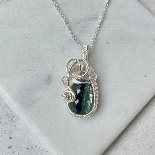 Bi-Color Kyanite Silver Woven Teardrop Necklace